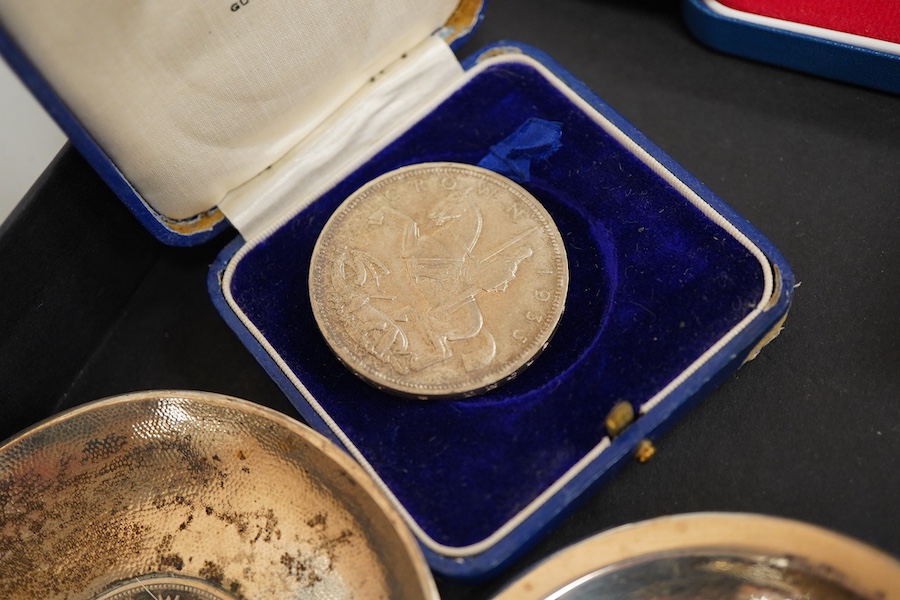 Four crowns together with other silver to include pin dishes, toddy ladle and a brush